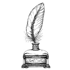 Elegant quill and inkwell resting on a decorative base for classic writing and artistry