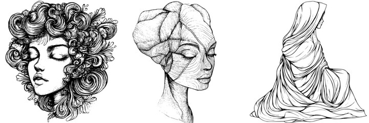 Artistic black and white illustrations of women with intricate hairstyles and draped clothing representing beauty and grace