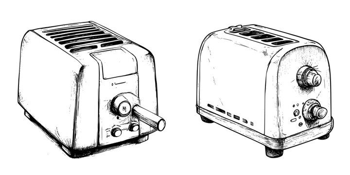 Illustration of two classic toasters showcasing different designs and features in a monochrome style