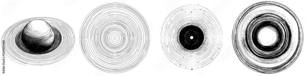 Poster Abstract circular designs depicting various forms and textures created with intricate line work in a monochromatic style