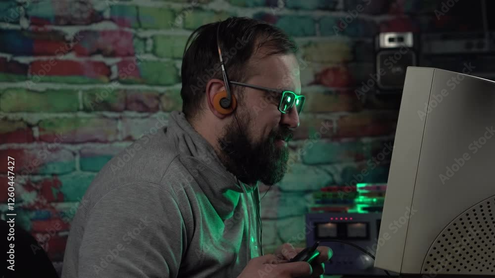 Poster man in front of desktop pc monitor playing video game with gaming console and celebrates win
