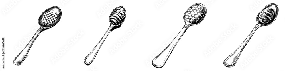 Poster Unique variety of decorative spoons displayed in a row with intricate designs and patterns on their bowls