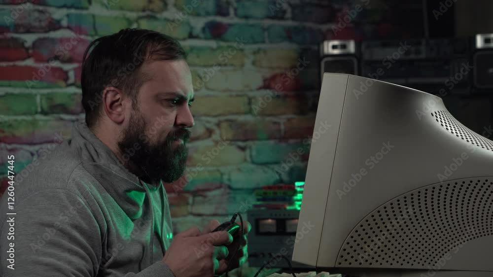 Aufkleber man with beard playing video game with gaming controller on computer from 1990's
