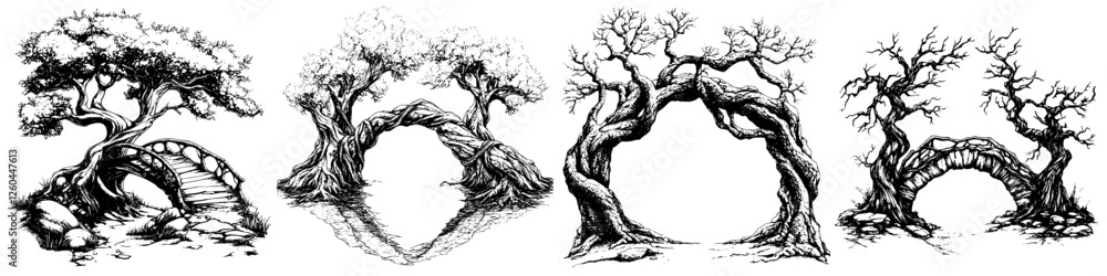 Poster artistic renderings of unique trees and bridges in a natural landscape setting