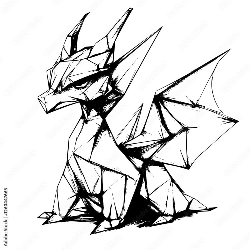 Poster artistic representation of a geometric dragon with sharp angles and distinct features sitting calmly
