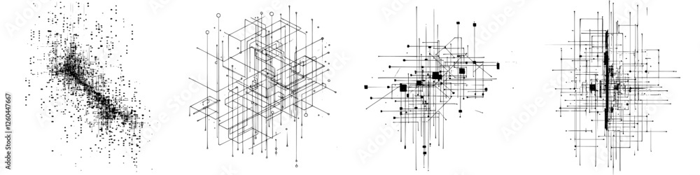 Poster patterns of geometric shapes and dispersions illustrating data visualization techniques in a modern 
