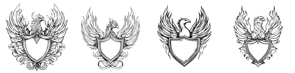 Illustrations of four distinct phoenix emblems featuring winged elements and shield designs in a classic style