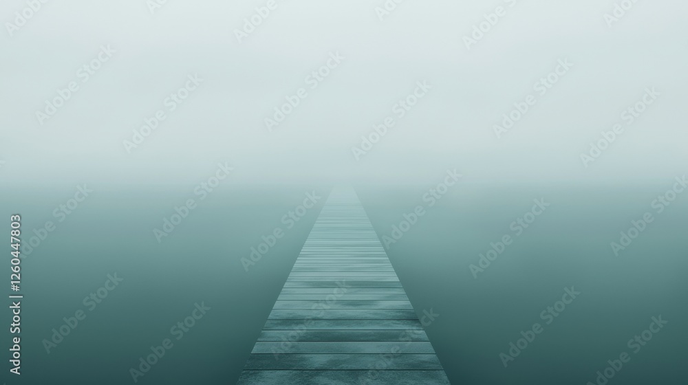 Poster photograph of a long wooden pathway that stretches into the distance. the pathway is made up of mult