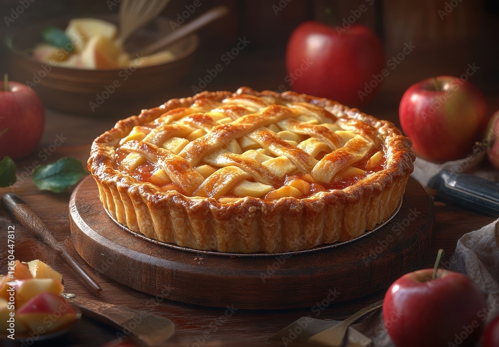 Poster Rustic Apple Pie with Lattice Crust Surrounded by Red Apples and Fresh Fruit on a Wooden Table in a Cozy Kitchen Setting
