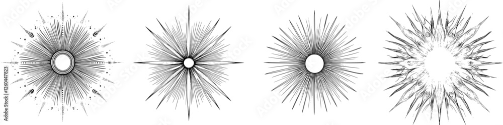 Poster creative starburst designs in black and white displaying various patterns and shapes for artistic ap