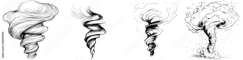 Poster intricate sketches of swirling tornado formations depicting various wind patterns and movements in n