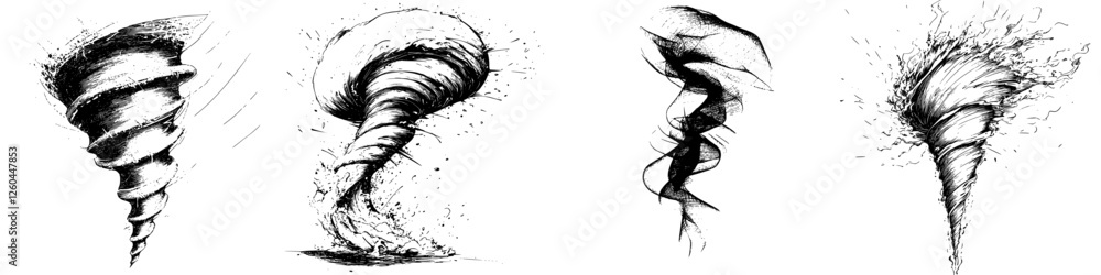 Poster dynamic illustrations depicting various forms of tornadoes in different styles and intensities