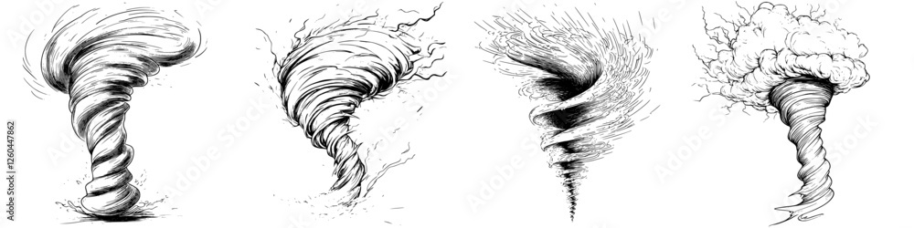 Poster illustrations of different types of tornadoes showcasing various forms and intensities in a dynamic 