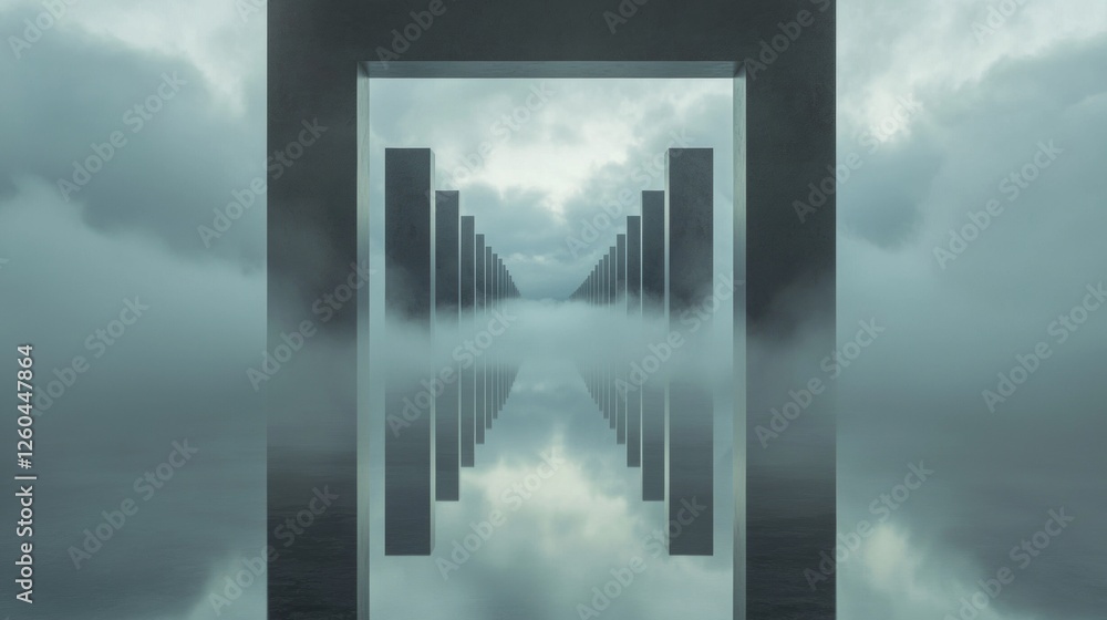 Poster digital art piece that appears to be a surreal landscape. it is a large, rectangular frame with a mi