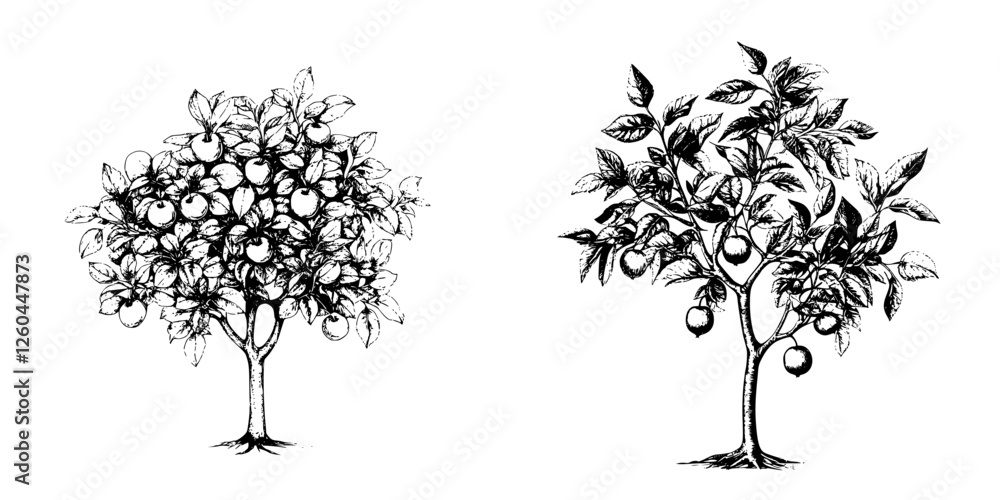 Poster engraved images of two distinct fruit trees showcasing detailed branch and leaf structure