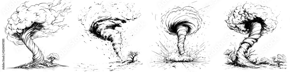 Poster exploring the destructive patterns and aftermath of tornado events in a stylized artistic representa