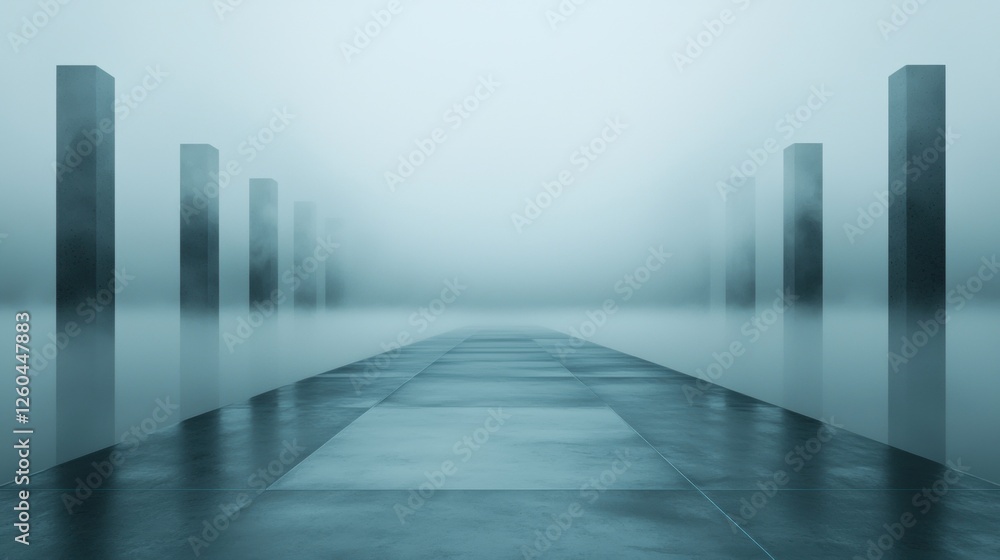 Poster long, empty walkway in the middle of a foggy landscape. the walkway is made of concrete and is in th