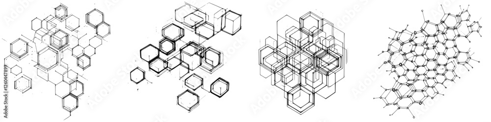 Poster abstract illustrations of geometric shapes and molecular structures representing scientific concepts