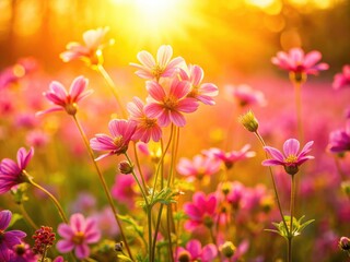 Fototapeta premium Soft light caresses dreamy pink wildflowers at golden hour, creating a serene floral photograph.