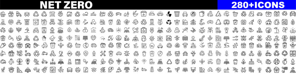 Net zero line icons collection. Sorting, recyclable, electric car, organic, solar energy icons. UI icon set. Thin outline icons pack. Vector illustration with white background