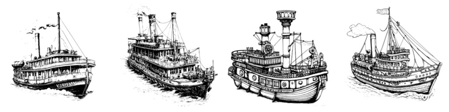 Different types of vintage steamships illustrated in a black and white style cruising along the waterway