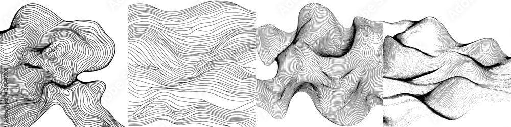 Poster intricate line patterns showcasing fluid forms in a monochromatic artistic composition