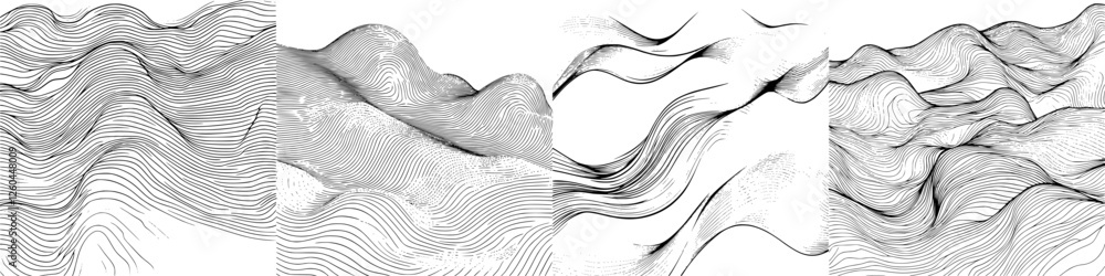 Aufkleber abstract black and white line art depicting flowing waves and dynamic shapes in a minimalist design