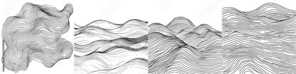Poster abstract lines create a mesmerizing pattern resembling waves flowing across a surface in black and w