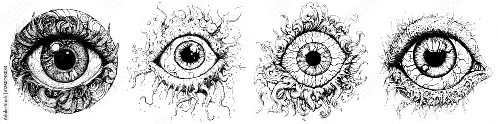 Poster intricate designs illustrating unique eyes with artistic patterns and textures displayed on a white 