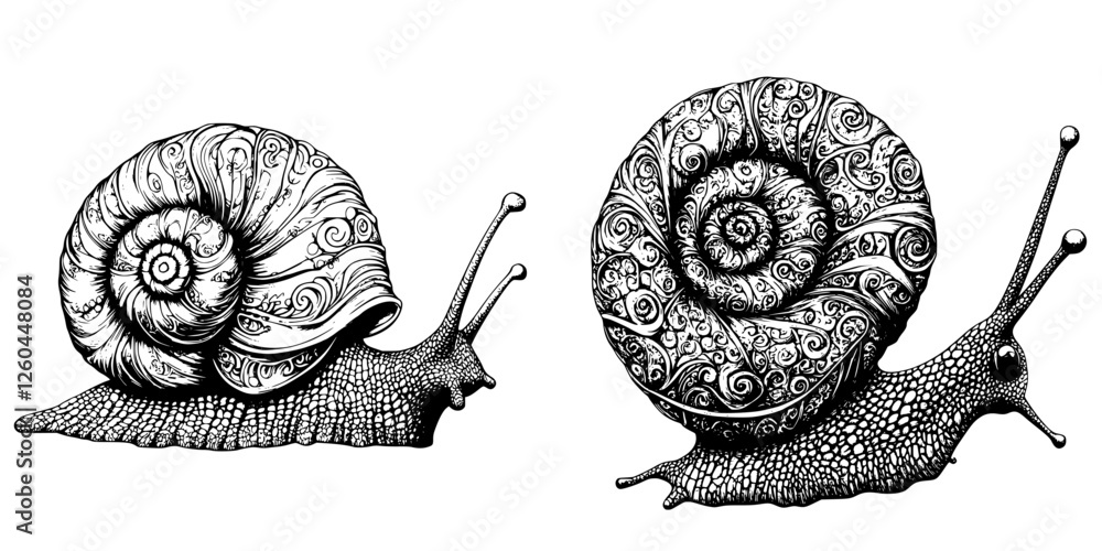 Poster two intricately designed snails on a simple white background highlighting artistic patterns and text