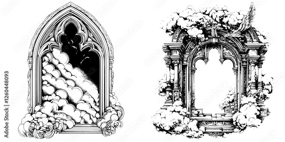 Poster intricate black and white illustrations of gothic arches with cloud motifs and empty spaces for crea