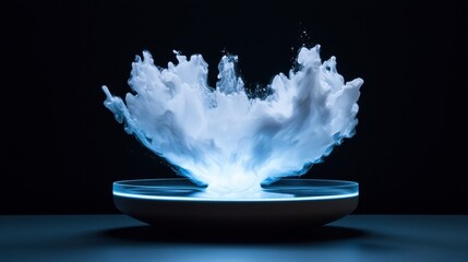 Digital art piece that appears to be a splash of water on a black background. the splash is in the center of the image, with a circular base that is lit up with a blue light.