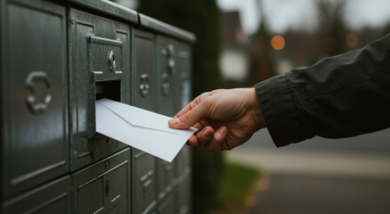 Hand, letter and mailbox in residential area for postal service, delivery and communication. Mail, envelope and correspondence with message for business, personal or official notice