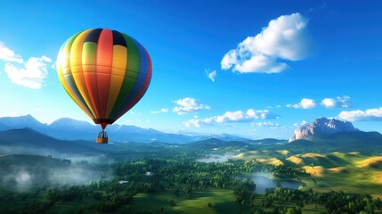 Obraz premium A vibrant hot air balloon glides gracefully over lush green landscapes under a clear blue sky, showcasing the beauty of nature and adventure, perfect for travel enthusiasts.