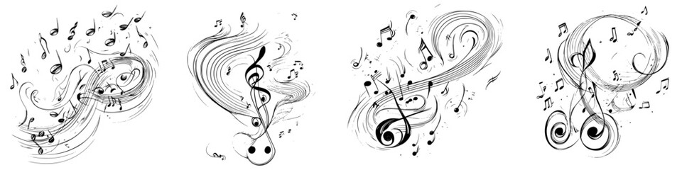 Music notes and swirling designs embody rhythm and creativity in a dynamic artistic display
