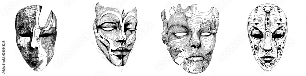 Poster artistic representations of abstract masks showcasing diverse patterns and designs