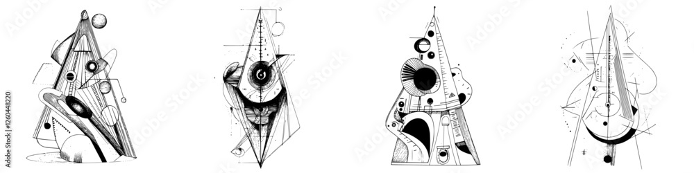 Poster abstract geometric designs showcasing unique forms and patterns on a minimalist background created w
