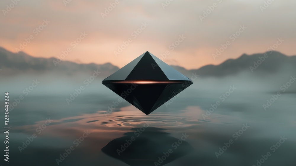 Poster digital art piece that appears to be a 3d rendering of a pyramid floating in the middle of a body of