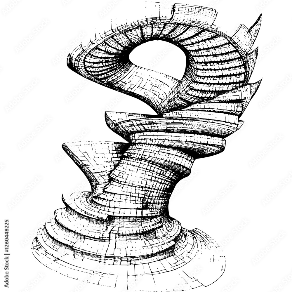 Poster abstract sculpture design showcasing intricate twisting patterns in a modern art setting with bold l