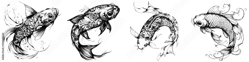 Poster decorative koi fish illustrations showcasing intricate patterns and dynamic movement in a black and 