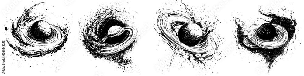 Poster abstract representations of cosmic phenomena with swirling planets and dynamic energy patterns