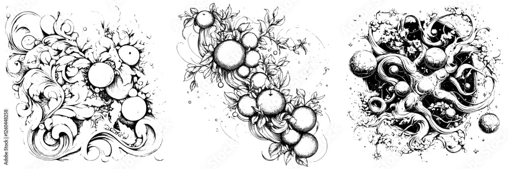 Poster artistic black and white floral design with circular elements and intricate patterns showcasing natu