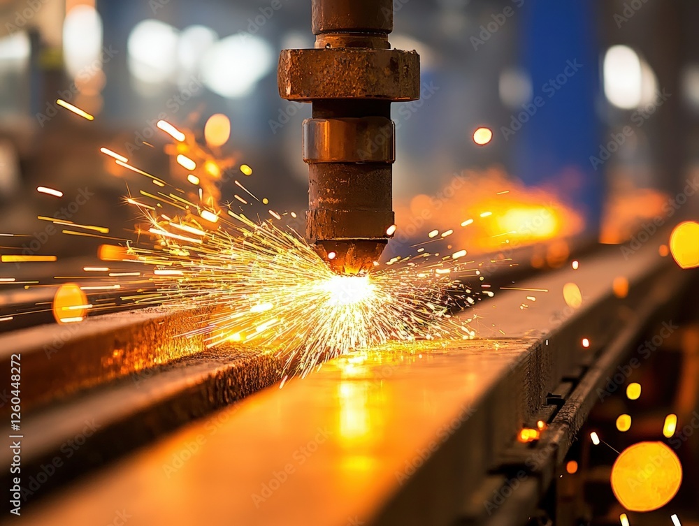 Poster industrial metal cutting process with sparks in a factory workshop: a close-up of a cnc machine in a