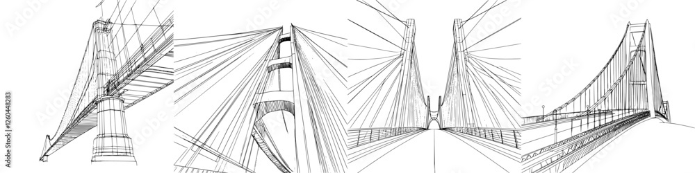 Poster design sketches showcasing the intricate structure and details of a cable-stayed bridge at dusk