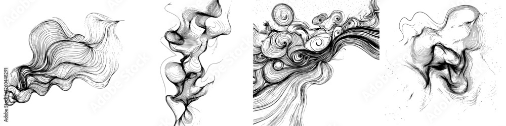 Poster swirling black and white abstract patterns with flowing lines and shapes created through artistic ex