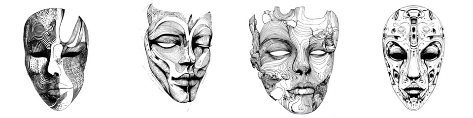 Naklejka premium Artistic representations of abstract masks showcasing diverse patterns and designs