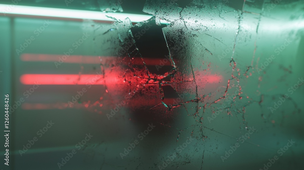 Poster close-up of a shattered glass window with a red light shining through it. the glass appears to be sh