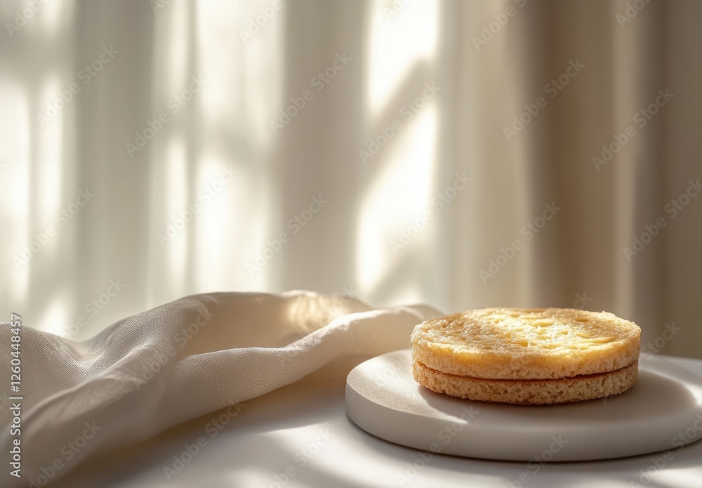 Poster soft golden cake on a minimalist plate bathed in warm natural light with gentle shadows from curtain
