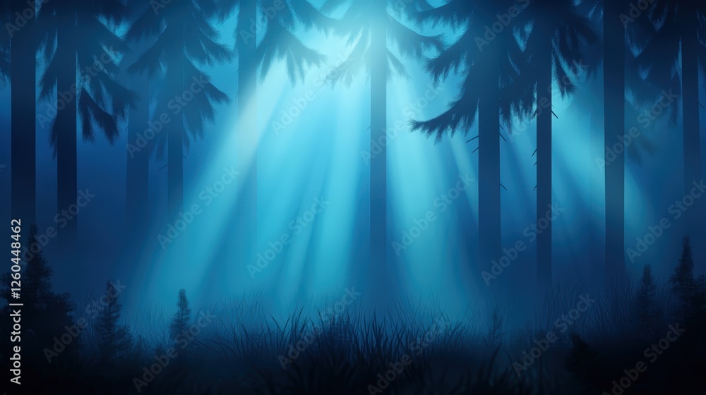 Poster a serene forest with ethereal blue light filtering through the trees, creating a mystical atmosphere