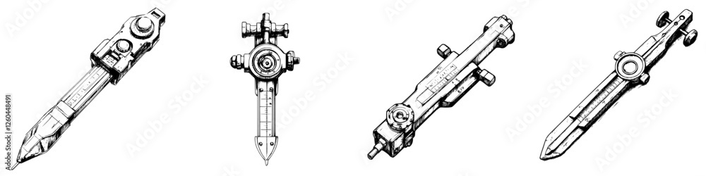 Poster collection of detailed drawings of technical drawing instruments displayed on a clean background